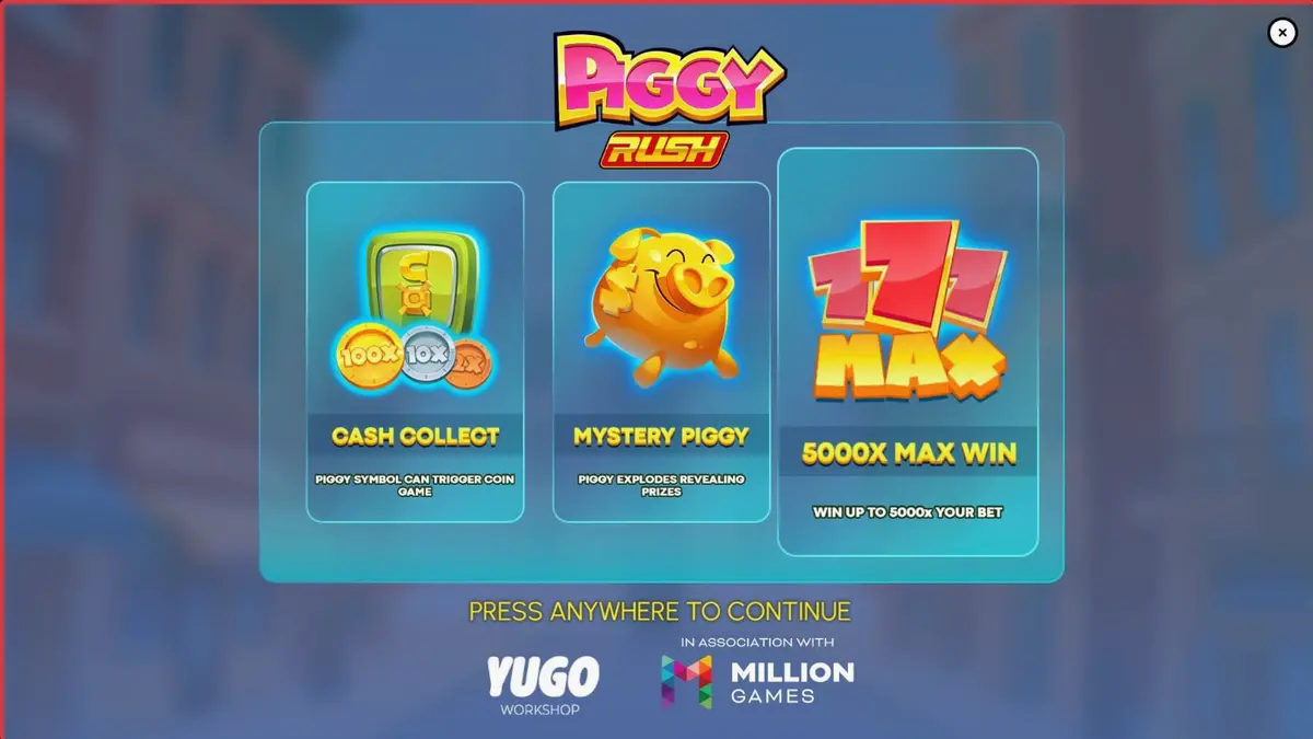 Interface colorida e animada do slot Piggy Rush com moedas e porquinhos